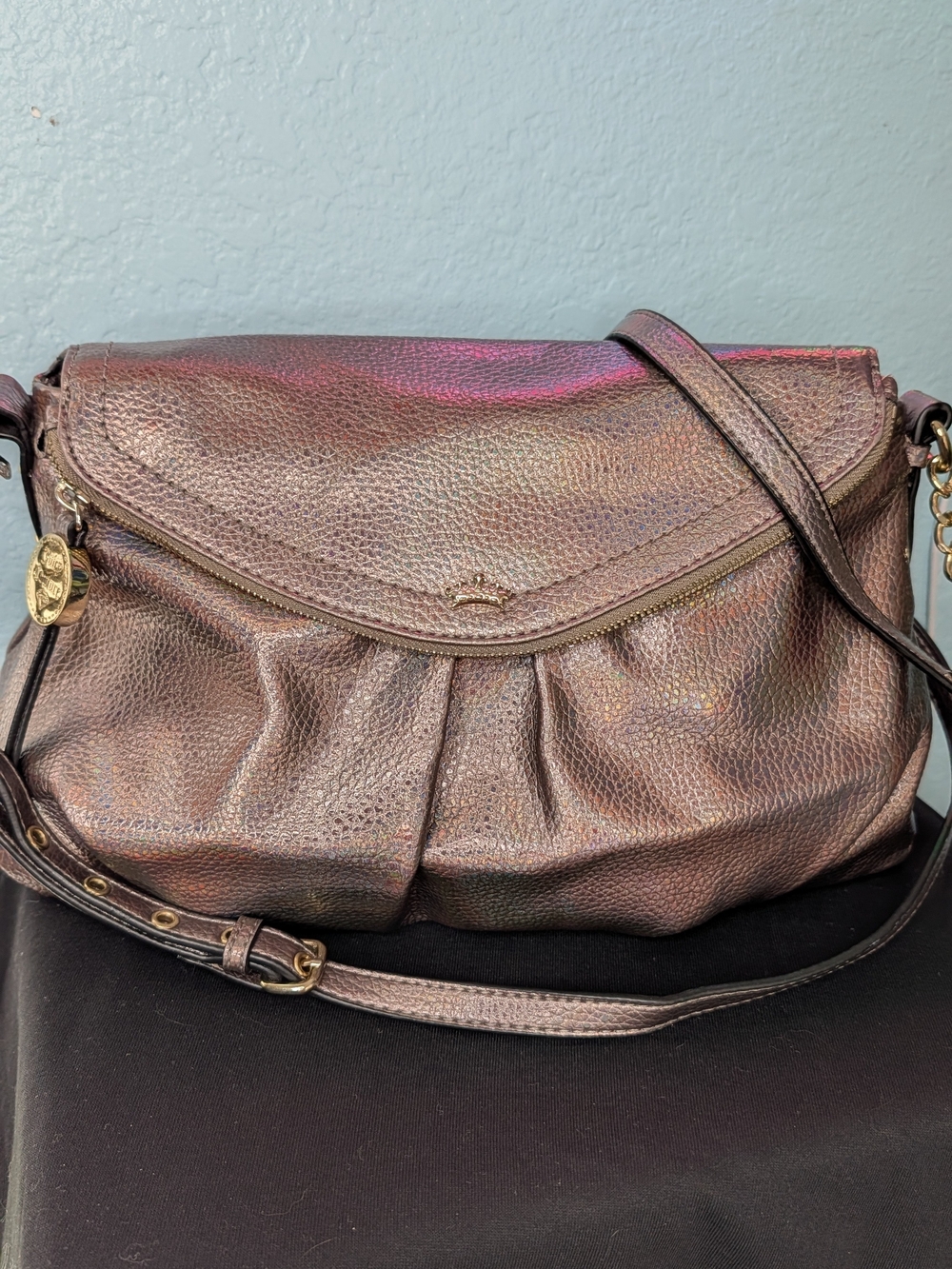 Juicy Couture Metallic Iridescent Chain Flap Shoulder Bag with Crown Charm